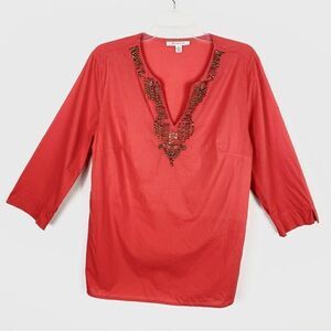 JM Collection Red Orange Beaded V Neck Blouse Top